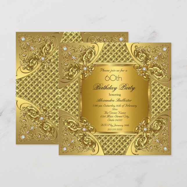 Elegante 60. Geburtstagsparty Gold Diamonds Einladung (Vorne/Hinten)