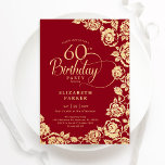 Elegante 60. GeburtstagsRed-Gold-Rose Einladung<br><div class="desc">Rotes Gold Blumenladen 60. Geburtstagsfeier Einladung. Elegantes Design mit Rose,  Imitaten Goldfolie und Typografie Script Schriftart. Die trendige Einladungskarte eignet sich perfekt für eine stilvolle Damenfeier. Kann für jedes Alter angepasst werden. Personalisieren Sie Ihre persönlichen Daten. Gedruckte Zazzle-Einladungen oder Sofortdownload digitaler Druckvorlage.</div>