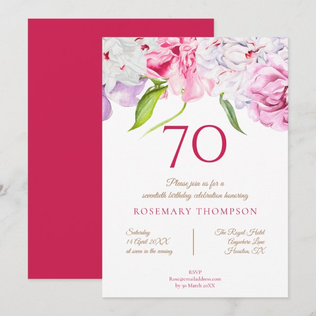 Elegante 70. Geburtstagsparty Blumenberge Rosa Einladung (Vorne/Hinten)