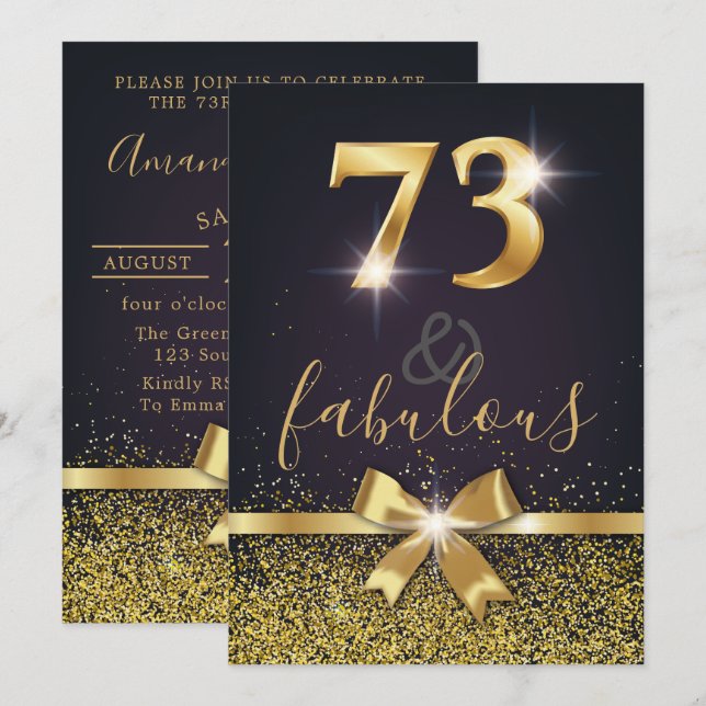Elegante 73 u. fabelhafter GoldGlitzer-73. Einladung (Vorne/Hinten)
