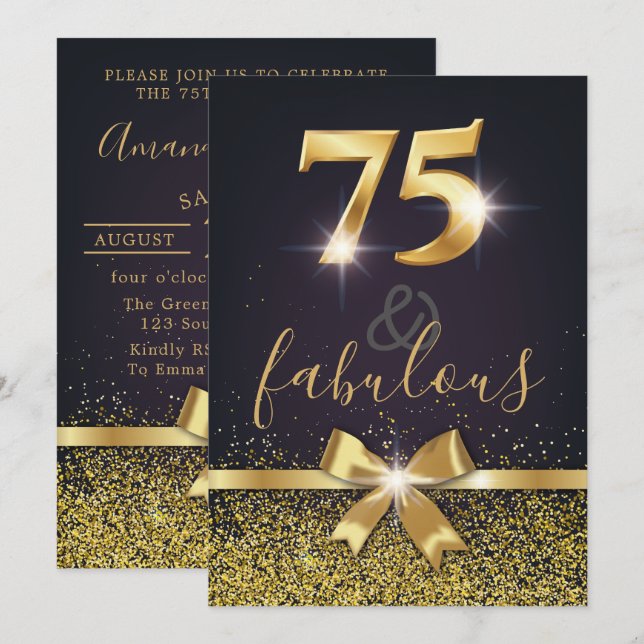 Elegante 75 u. fabelhafter GoldGlitzer-75. Einladung (Vorne/Hinten)