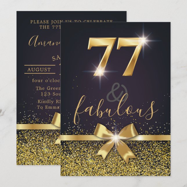 Elegante 77 u. fabelhafter GoldGlitzer-77. Einladung (Vorne/Hinten)
