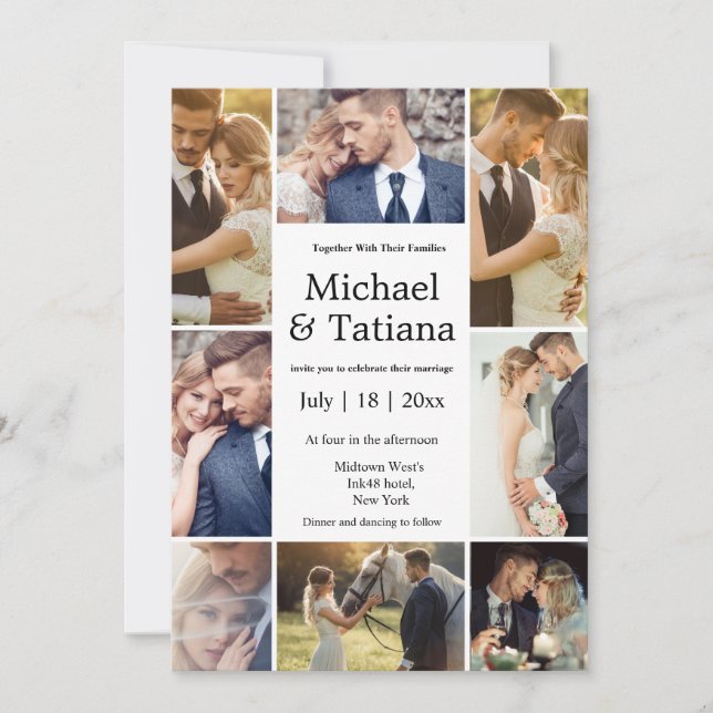 elegante 8-Foto-Hochzeitsfeier Einladung (Vorderseite)