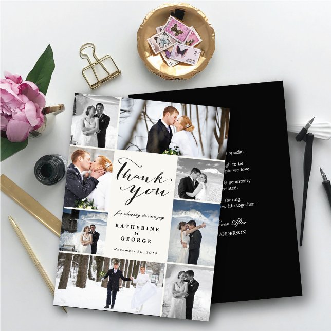 Elegante 8-Foto-Hochzeitskollektion mit Skripttext Dankeskarte (Modern Classy Script 8 Multi Photo Collage Stylish Wedding Thank You Card @ fatfatin_blue_knot)
