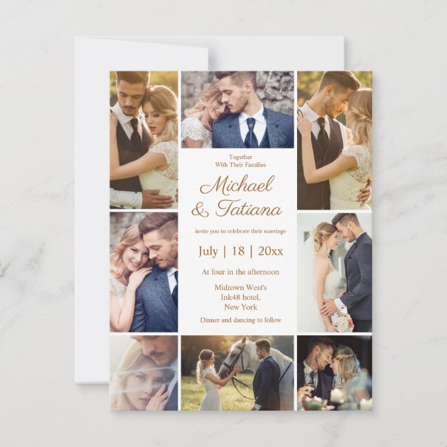 elegante 8 Fotos Collage Braun Hochzeit Einladung (Vorderseite)