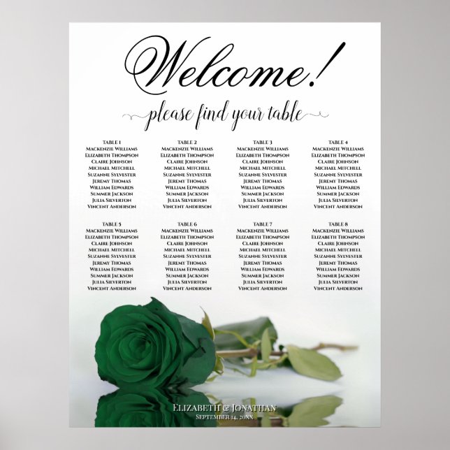 Elegante 8 Table Emerald Green Rose Seating Chart Poster (Vorne)