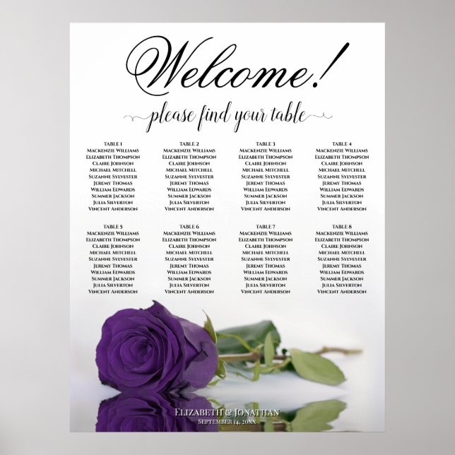 Elegante 8 Table Royal Lila Rose Seating Chart Poster (Vorne)