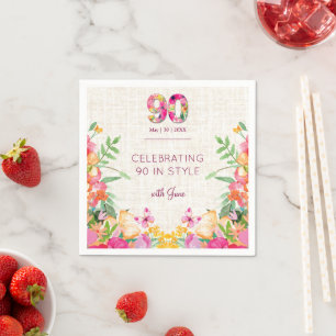 Elegante 90. Geburtstags-Blumen-Leinen-Partydekora Serviette