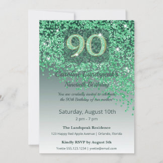 Elegante 90. Geburtstags-Emeraldgrüne Glitter Einladung