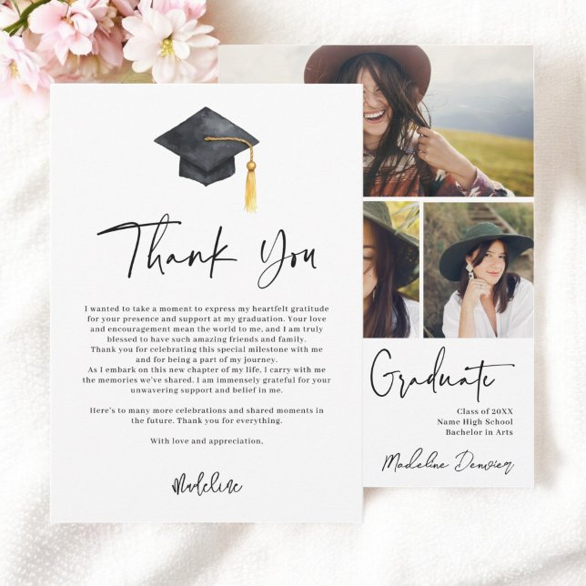 Elegante Abschluss Fotos und Cap Illustration Dankeskarte (Elegant Graduation Photos and Cap Illustration Thank You Card)