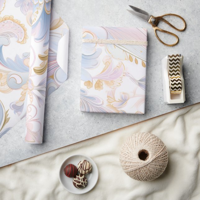 Elegante Abstrakt Pastel Paisley Gold Pink Blau Geschenkpapier (Kunsthandwerk)
