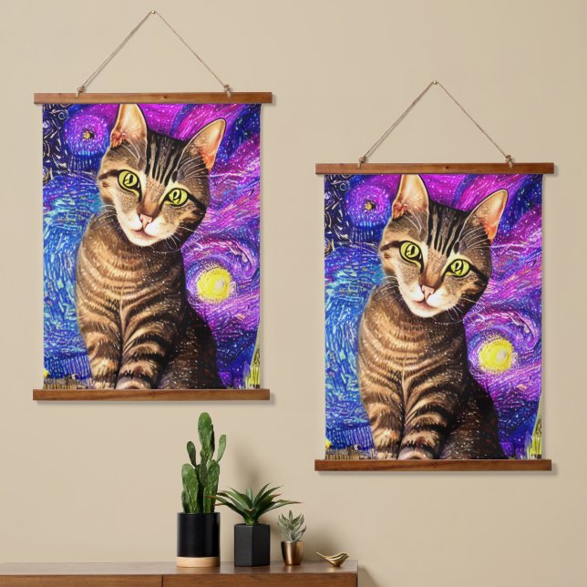 Elegante Abstrakte Airbrush-Katze Wandteppich Mit Holzrahmen (Asymmetrisch)