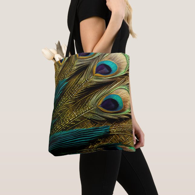 Elegante Abstrakte, Aquamarine Blue Gold Pfauenfea Tasche (Von Nahem)