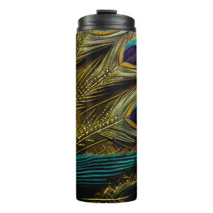 Elegante Abstrakte, Aquamarine Blue Gold Pfauenfea Thermosbecher