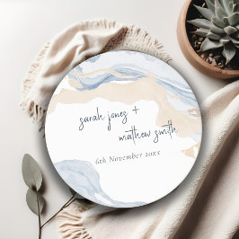Elegante Abstrakte Blue Beige Coastal Beach Hochze Runder Pappuntersetzer