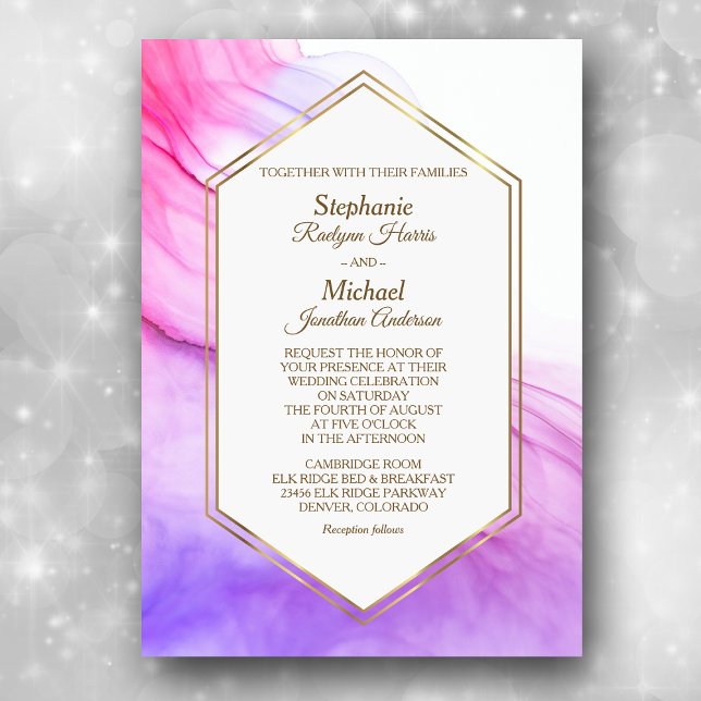 Elegante Abstrakte Rosa Violet Gold Frame Wedding Einladung (Von Creator hochgeladen)