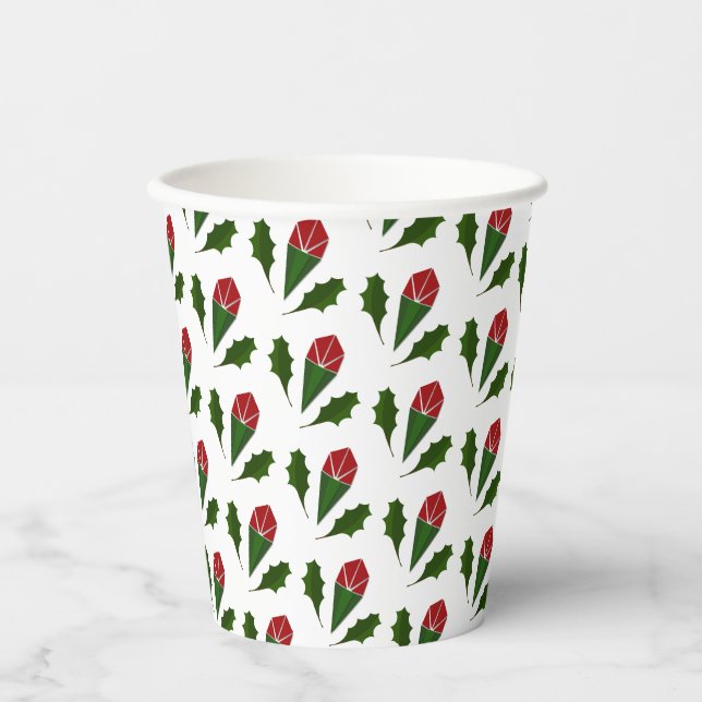 Elegante Abstrakte Rote Rosen & Blätter Blumenmust Pappbecher (Vorderseite)