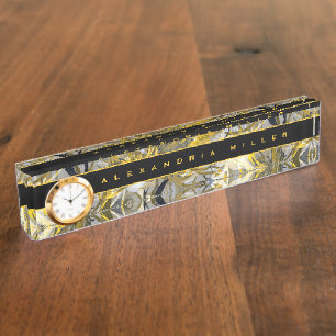 Elegante Abstrakte Schwarz-Gelb-Blume  Uhr Namensplakette