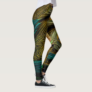 Elegante abstrakte Türkis Blau Gold Pfauenfedern Leggings