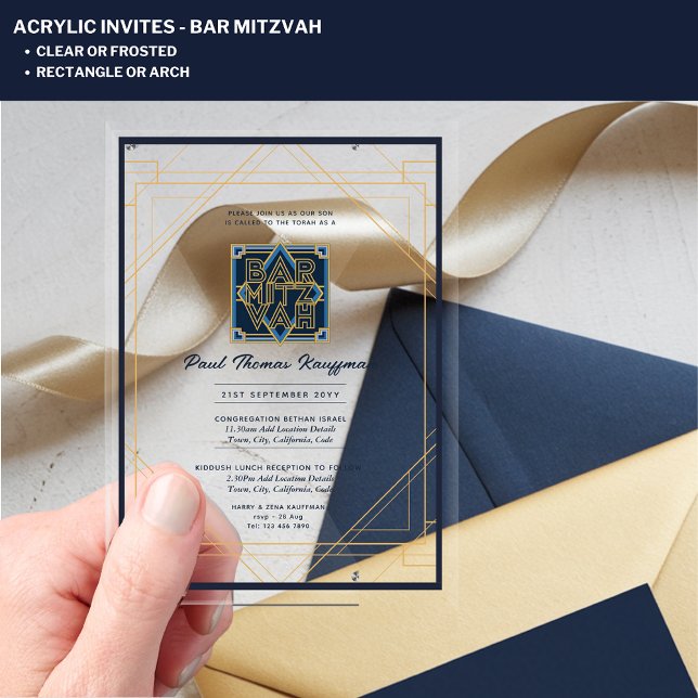 Elegante Acryl BAR MITZVAH Navy Gold Moderne Klarh Acryleinladungen (Von Creator hochgeladen)