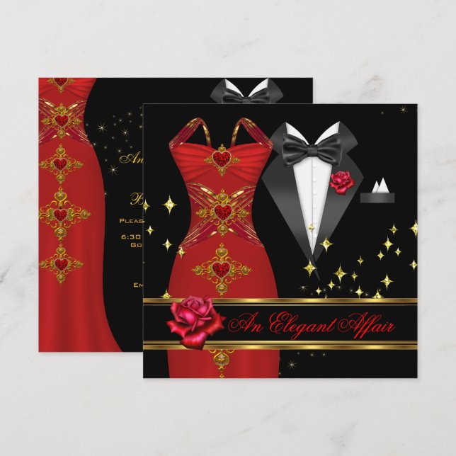 Elegante Affair Red Dress Black Krawatte Gold Rote Einladung (Vorne/Hinten)
