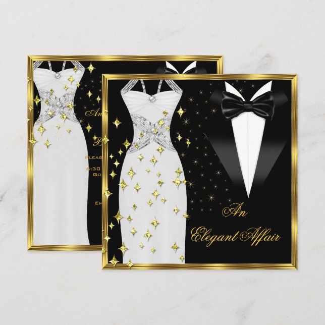 Elegante Affair Weißes Kleid Schwarze Krawatte Gol Einladung (Vorne/Hinten)