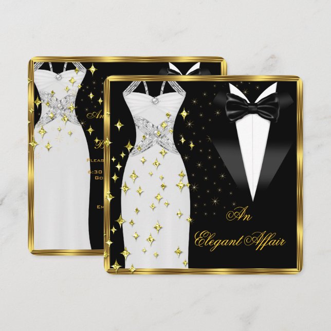 Elegante Affair Weißes Kleid Schwarze Krawatte Gol Einladung (Vorne/Hinten)
