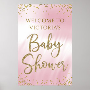 Élégante Affiche de bienvenue Baby shower or rose