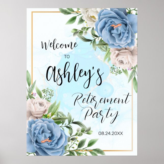Élégante Affiche de bienvenue Floral Blue Retireme (Devant)
