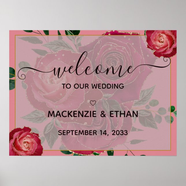 Élégante Affiche de bienvenue Mariage de Roses rou (Devant)