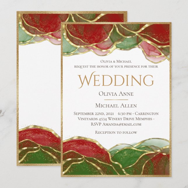 Elegante Alcohol Ink Red Green Holiday Wedding Einladung (Vorne/Hinten)