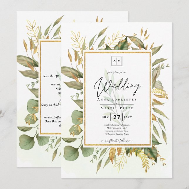 Elegante All-in-1 Greenery Gold Blätter Hochzeit Einladung (Vorne/Hinten)