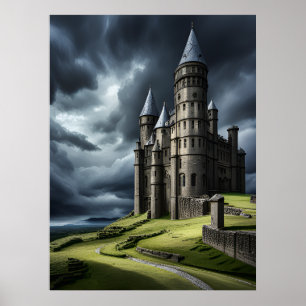 Elegante alte bewölkte Himmel Geheimnis Schloss KI Poster