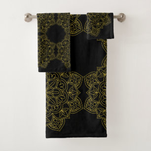Elegante Alte Gold-Mandalas auf Schwarz Badhandtuch Set