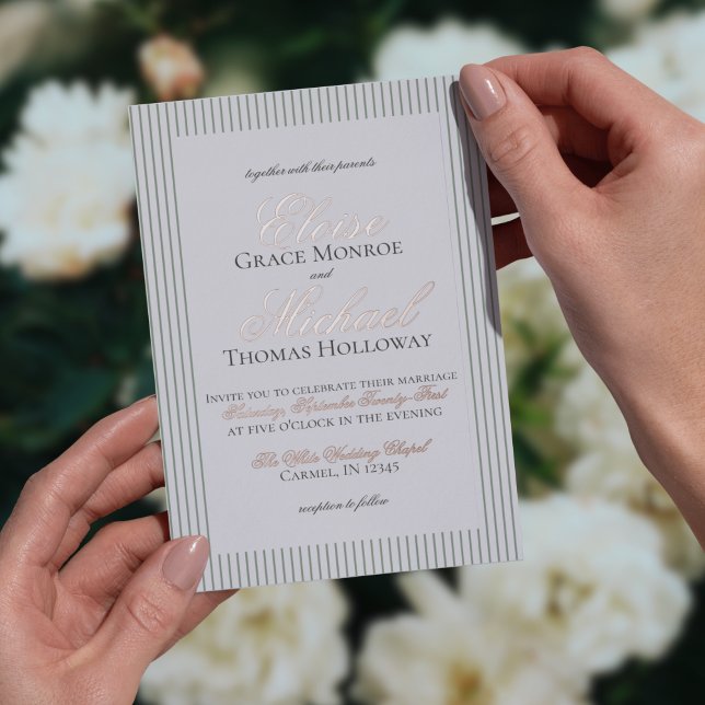 Elegante Alte Money Script Green Stripe Hochzeit Folieneinladung (Formally invite guests to your big day with this Elegant Old Money Script Thin Stripe Foil Card!)