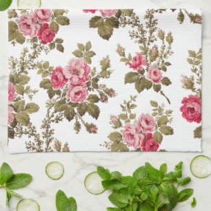 Elegante alte Rosen in Rosa - weißer Hintergrund Geschirrtuch