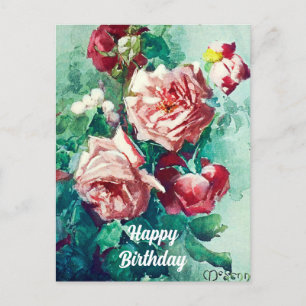 Elegante alte Rosen Wasserfarbenmalerei in Rosa Postkarte