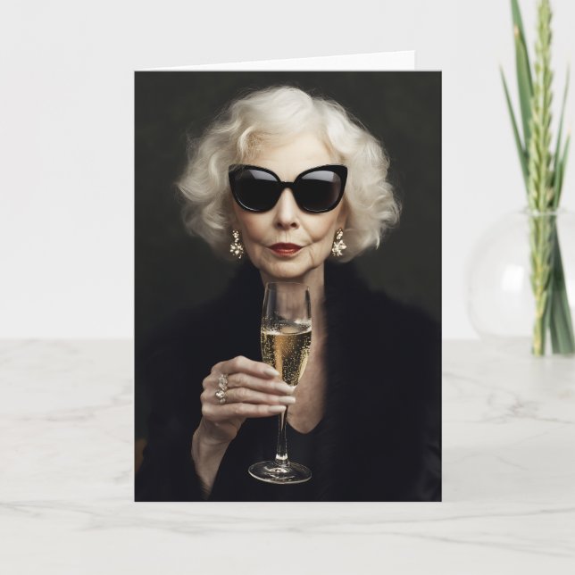 Elegante ältere Frau mit Champagner Einladung (Vorderseite)