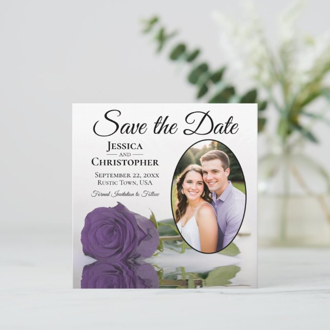 Elegante Amethyst Lila Rose & Oval Foto Hochzeit Save The Date (Stehend Vorderseite)