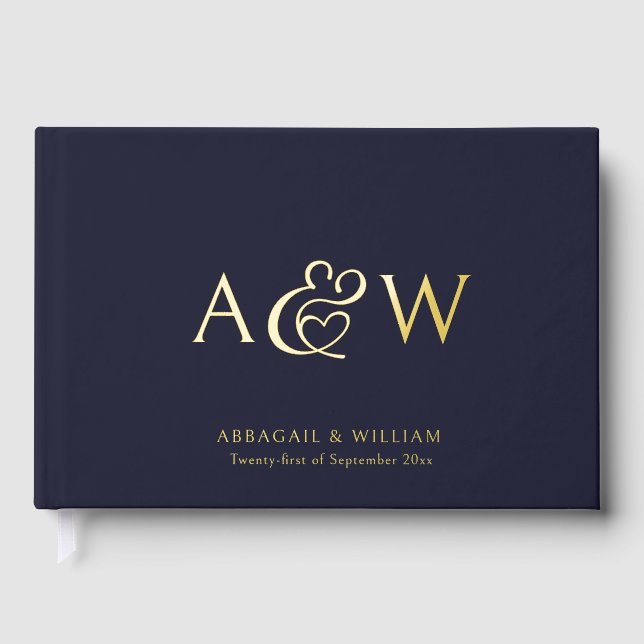 Elegante Ampersand Monogram Gold Navy Blue Wedding Gästebuch (Vorderseite)