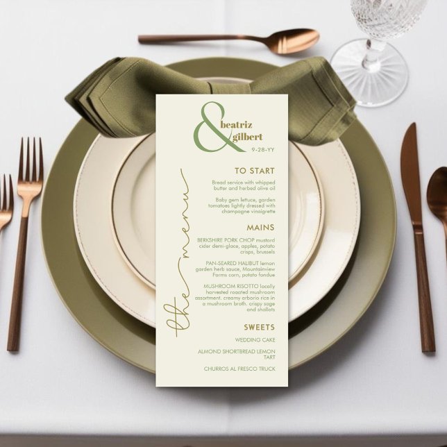 Elegante Ampersand Monogram Wedding Menu Card Menükarte (Elegant ampersand monogram wedding menu in creamy white, olive green and moss green)