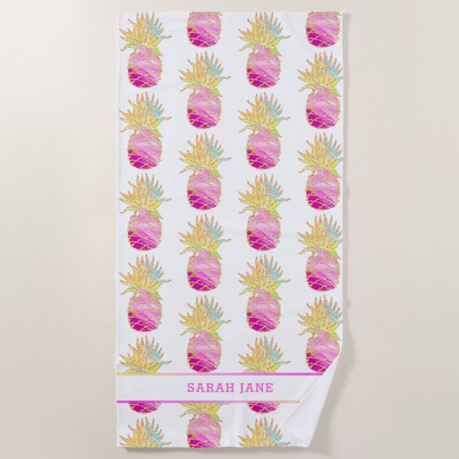 Elegante Ananas in Pinks und Gold Personalisiert Strandtuch (Vorderseite)