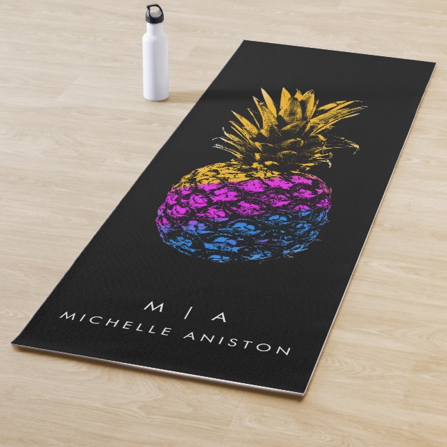 Elegante Ananas Monogramm Minimalistisches Schwarz Yogamatte (Beispiel)
