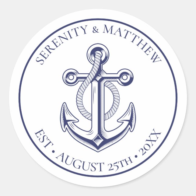 Elegante Anchor Navy Blue Nautical Wedding Runder Aufkleber (Vorderseite)