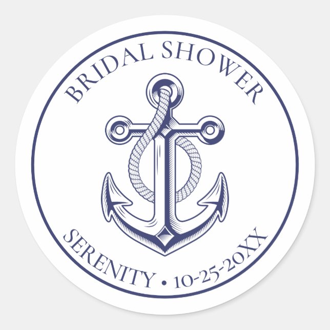 Elegante Anchor Navy Blue Nautical Wedding Runder Aufkleber (Vorderseite)