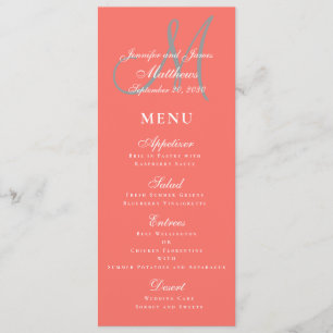 Elegante Angelegenheit Coral Grey Schrift Monogram Menükarte