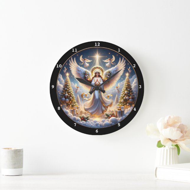 Elegante Angelgerichte mit Weihnachtsbäumen Große Wanduhr (Zuhause)