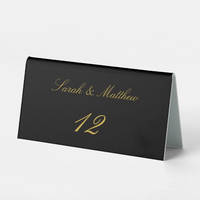 Elegante, angepasste Black Gold Script-Tischnummer Tischaufsteller (Vorderseite)