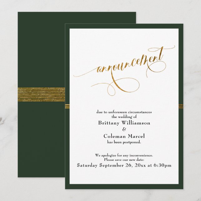Elegante Ankündigung Green & Gold Stripe Card (Vorne/Hinten)