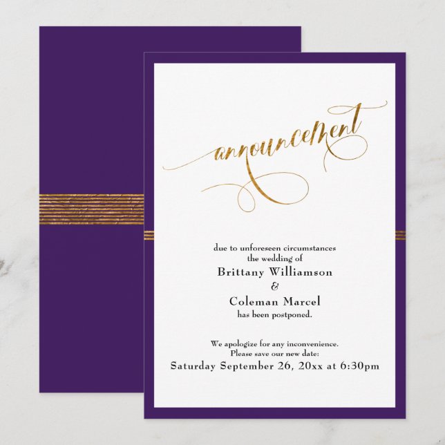 Elegante Ankündigung Lila & Gold Stripe Card (Vorne/Hinten)